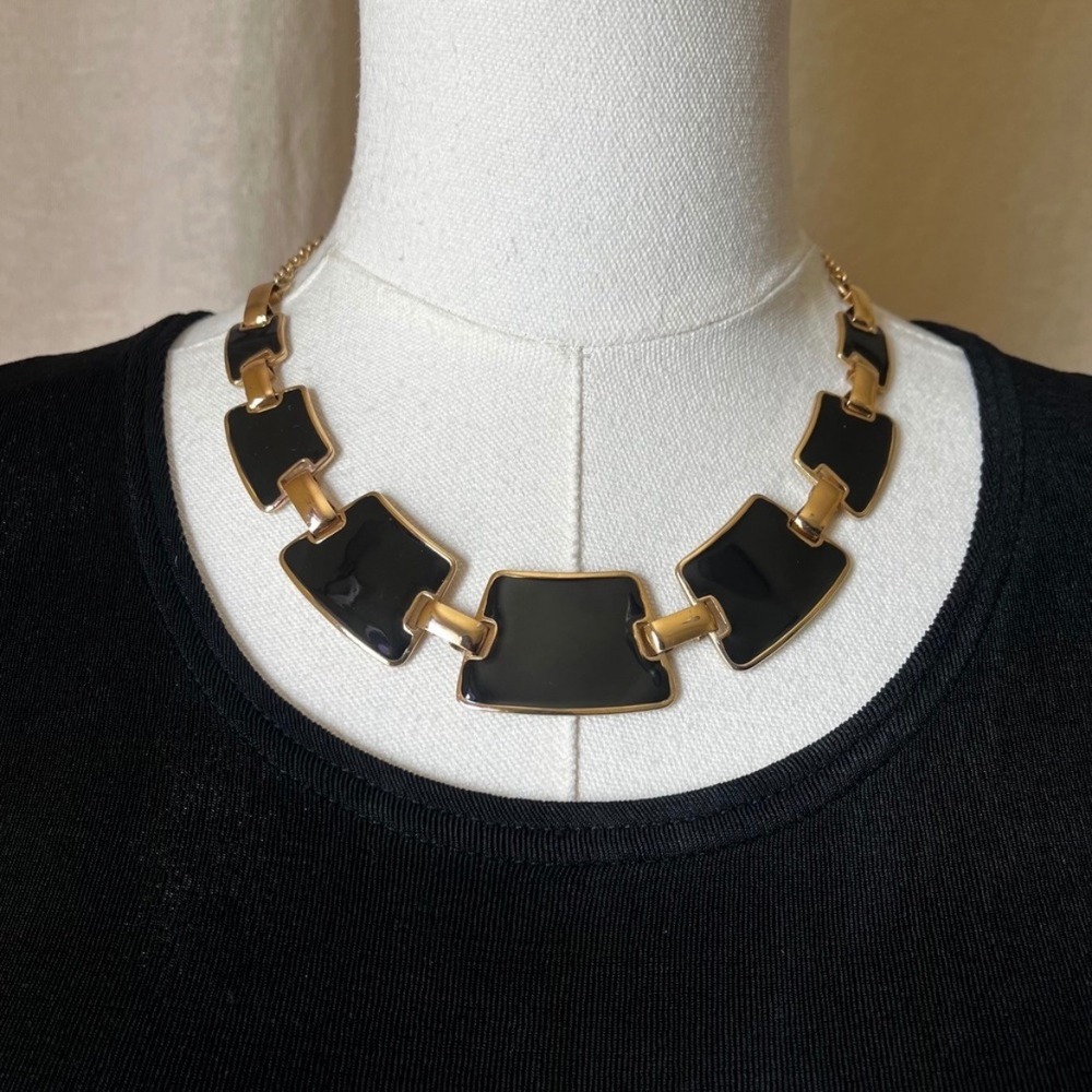 Vintage Black Enamel Gold Collar Necklace‎ Chunky Geometric Statement 80s